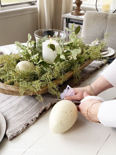 Spring/Easter Dough Bowl Centerpiece » Mother Thyme Easter Dough Bowl, Easter House Decor, Easter House Decorations, Fruit Bowl Decor, Modern Easter Decor, Mother Thyme, Easter House, Dough Bowl Centerpiece, Cake Easter