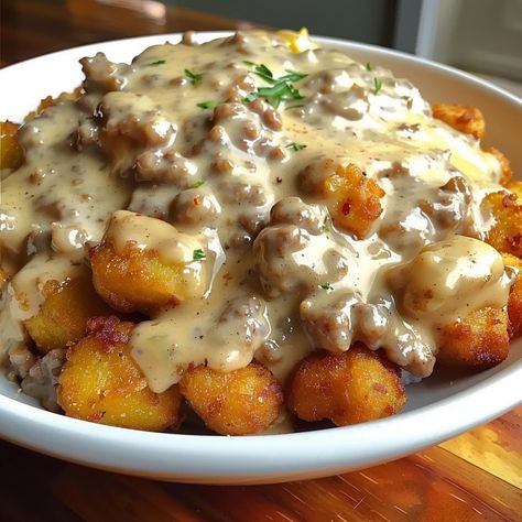 Tater Tot Poutine Recipe, Gourmet Breakfast Burritos, Breakfast Ideas Group, Breakfast Casserole With Tater Tots And Sausage, Cinnamon Roll Wrapped Sausage, Tater Tot Breakfast Casserole With Gravy, Breakfast Ideas With Sausage Links, Tater Tot Sausage Casserole, Tater Tot Recipes Breakfast