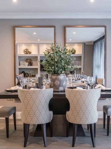 Alexander James Interiors, Gray Dining Room Ideas Modern, Mirrors In Dinning Rooms, Dinning Room Mirrors, Dining Rooms With Mirrors, Dining Room With Mirrors, Dining Table Mirror Wall, Mirrors In Dining Room Ideas, Dining Room With Mirror Wall