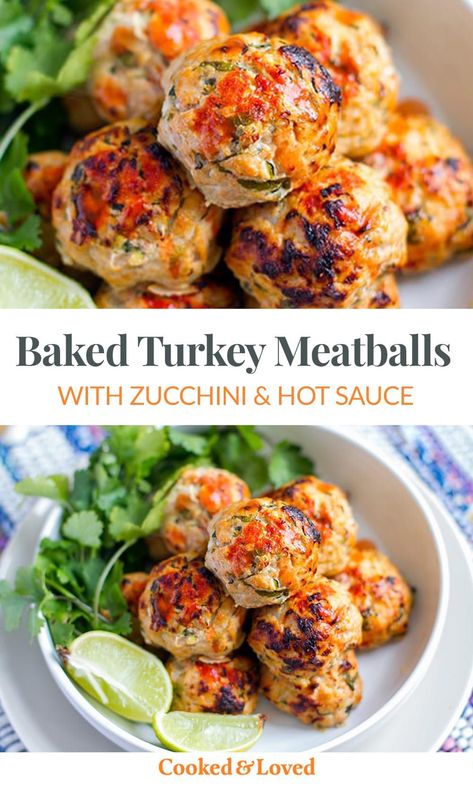 Baked Turkey Meatballs With Zucchini & Hot Sauce Turkey Meatballs With Zucchini, Meatballs With Zucchini, Paleo Turkey Meatballs, Turkey Zucchini Meatballs, Baked Turkey Meatballs, Turkey Zucchini, Turkey Meatballs Healthy, Zucchini Meatballs, Turkey Spices