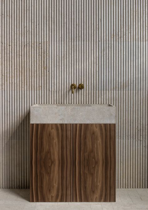 Guest Bathroom Vanity Ideas, Walnut Bathroom Cabinets, Bathroom Island, Walnut Bathroom Vanity, Urban Bathroom, Walnut Bathroom, Wood Sink, Modern Sink, Wooden Vanity