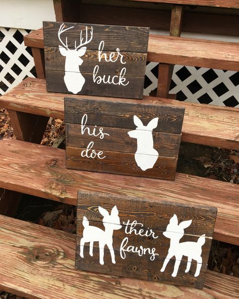 Three-piece set: her buck, his doe, & their fawns hand painted pallet wood signs #buck #byhand #custom #customized #deer #doe #fawn #fawns #freehand #handmade #handmadesign #handpainted #handpaintedsign #herbuck #hisdoe #hunt #hunting #maker #pallet #palletsign #palletwood #rustic #rusticdecor #rusticsigns #sign #signage #theirfawns #wood #woodsign #woodensign #woodendecor Deer Welcome Sign, Deer Hunting Signs, Her Buck His Doe, Wood Palette, Cricut Wood, Painted Pallet, Hunting Signs, Homemade Signs, Deer Doe