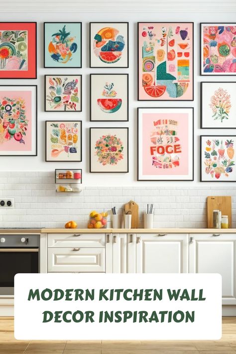 Colorful kitchen with framed fruit and floral art above white cabinets and wooden countertops. Kitchen Pictures Decor Wall Art, Decorative Chalkboards, Kitchen Wall Decorations, Kitchen Flooring Trends, Kitchen Wall Decor Ideas, Wall Decor Inspiration, Kitchen Tile Inspiration, Modern Kitchen Wall Decor, Ensuite Bathroom Designs