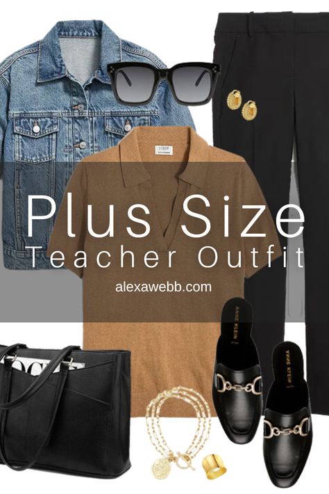 Plus Size Teacher Outfits - Look 1 - A plus size outfit for back to school. Plus size black pants, camel sweater, and mules. Alexa Webb Fall Outfits With Black Pants, Plus Size Teacher Wardrobe, Womens Work Outfits Plus Size, Plus Size Business Casual Fall 2022, Teacher Outfits Black Women Plus Size, Plus Size Business Casual Fall, Plus Size Trendy Outfits 2024, Plus Size Flannel Outfits Leggings, Winter Outfits For Teachers 2022