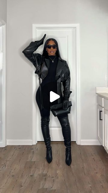 Bronnieeee on Instagram: "DAY 7 OF 30 - Fall Outfits 🖤 Comment LEATHER For the Links Sent Directly To Your DM ✨  Jacket - US 8 Jumpsuit - Small   Comment LEATHER below to receive a DM with the link to shop this post on my LTK ⬇ https://liketk.it/4Vfof #ltkfindsunder50 #ltkfindsunder100 #ltkseasonal" Black Streetwear Outfit Women, All Black Affair Outfits, Black Party Outfits For Women, All Black Outfit Party, Leather Outfits Black Women, Winter Concert Outfit Black Women, Leather Thigh High Boots Outfit, All Black Outfits For Women Night Out, New Years Eve Outfits Casual Night Out