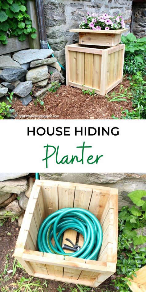 Hose Box Ideas, Hide Garden Hose, Hose Box, Potting Bench Plans, Garden Hose Storage, Outdoor Shelves, House Planter, Hose Storage, Front Yard Garden Design