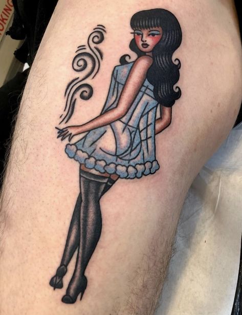 Neo Traditional Pinup Tattoo, Pin Up Girl Tattoos Traditional, Pinup Tattoo Traditional, American Traditional Pinup Tattoo, Vintage Pinup Tattoo, Bombshell Tattoo, Traditional Pinup Tattoo, Spooky Pinup Tattoo, Pinup Tattoo