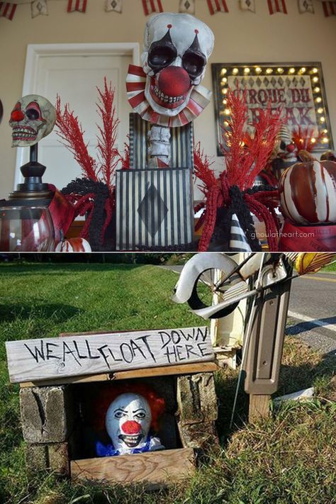 Clown Inspired Decoration Ideas for Halloween Scary Circus Halloween Decorations Diy, Creepy Clown Halloween Decorations, Pennywise Halloween Decorations, Halloween Clown Decorations, Scary Pennywise, Clown From It, Clown Decorations, Decoration Ideas For Halloween, Clowns Halloween