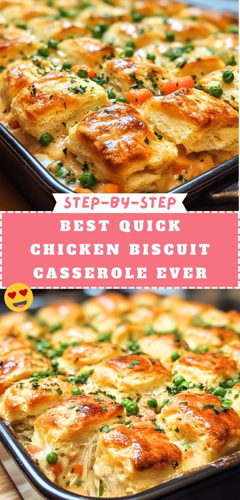 A golden-brown Chicken Biscuit Casserole topped with fluffy biscuits, green peas, and fresh parsley, baked to perfection in a black baking dish. Quick Fall Dinner, Chicken Biscuit Casserole, Biscuit Recipes Dinner, Baked Chicken Casserole, Biscuit Casserole, Chicken Biscuit, Chicken Recipes Easy, Biscuits Casserole, Easy Biscuit Recipe