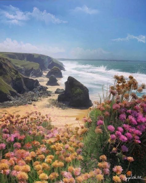 Original painting of Bedruthan Steps, Cornwall England.  Blue sea and big waves splash at the foot of the cliffs as the tide comes in.  Pink thrift flowers in the foreground, blue sky with fluff clouds drift by in the sky. Cottage Witch Aesthetic, Beach Cliff Painting, Ocean Cliff Painting, Sea Cliff Bridge, Ocean Cliff, British Beaches, Seaside Cliff Painting, British Seaside, Cornwall England