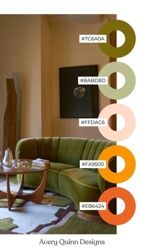 Mid Tone Color Palette, Mid Century Modern Interior Color Palette, Vibrant Mid Century Modern Living Room, Apartment Colour Palettes, Mid Century Modern Color Palette Living Room, Mid Century Modern Green Living Room, Green Couch Interior Design, Mid Tone Paint Colors, Mid Century Colours