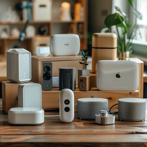 Tech Gadget Assortment: A diverse collection of modern technology gadgets neatly arranged on a wooden surface in a cozy setting. #technology #gadgets #modern #smart #speakers #aiart #aiphoto #stockcake ⬇️ Download and 📝 Prompt 👉 https://ayr.app/l/P6Vp Tech Gadget, Smart Home Devices, Home Devices, Smart Bulbs, Smart Thermostats, Smart Home Technology, Smart Lock, Essential Tools, Home Technology