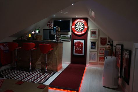 Graeme's games room was truly a worthy winner, it's filled with a dartboard, bar, Aberdeen FC memorabilia and much more. Home Darts Room, Dart Board Wall Ideas Man Cave, Dart Board Set Up Ideas, Home Dartboard Setup, Darts Room Ideas, Dart Room Ideas Man Cave, Darts Board Ideas, Dart Room Ideas, Darts Setup