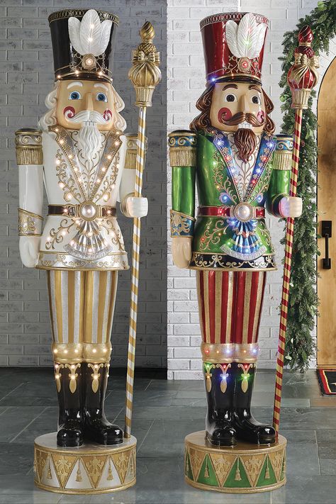 Bring some majestic festive authority to your home's outdoor winter wonderland decor with these luxurious giant 9-ft tall nutcracker statues. Diy Large Nutcracker, Giant Nutcracker Diy, How To Display Nutcracker Collection, Nutcracker Themed Christmas Decor, Outdoor Winter Wonderland, Life Size Nutcracker, Giant Nutcracker, Large Nutcracker, Winter Wonderland Decor