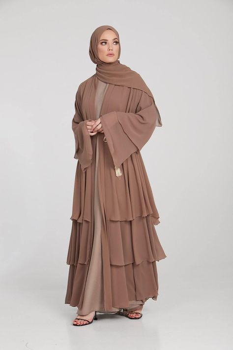 Fabric - Chiffon Hijab is included Fabric Belt is included Gold Slim Plaited Belt is used for styling purpose only and can be purchased separately. Pop up buttons allows you to wear the abaya open or closed Model is wearing our 'Latte Inner Slip Dress' in a size 56 Model is UK size 8, height of 5'6 and wearing a size 58 Hand Wash Only Burqa Design, Front Open Abaya, New Style Dress, Burqa Designs, Dress Abaya, Muslim Style, Open Abaya, Muslim Fashion Hijab Outfits, Muslim Women Fashion