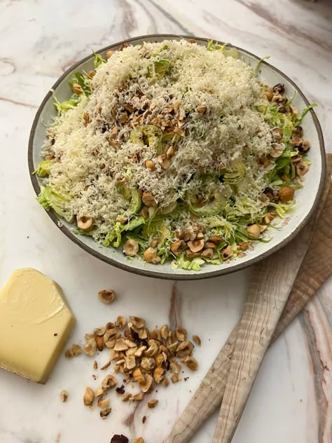 Shaved Brussels, Gruyere and Hazelnut Salad – Eden Eats Kristy Sarah, Hazelnut Salad, Shaved Brussel Sprouts, Salad Vegetarian, Hollywood Bowl, Salad Dishes, Brussel Sprout Salad, Garlic Clove, Health Dinner Recipes