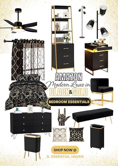 Divine Aquino's Amazon Page Couple Room Ideas Bedrooms Married, Black And Gold Bedroom, Black White And Gold Bedroom, Black Gold Bedroom, New Home Essentials, Gold Bedroom Decor, Couple Room, Luxury Room Bedroom, Gold Bed