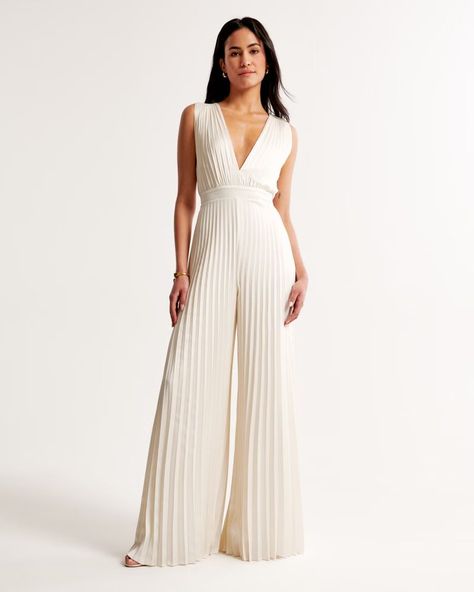 The A&F Giselle Pleated Jumpsuit | Abercrombie & Fitch (US) White Jumpsuits For Women Wedding, Female Officiant Outfit, Vineyard Wedding Outfit, Work Jumpsuits For Women, White Outfits For Bride, Bride Outfits Rehearsal Dinners, Old Money Jumpsuit, Wedding Officiant Attire Women, Elegant Jumpsuits For Women