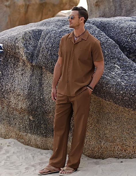 COOFANDY Men 2 Piece Linen Outfit Beach Button Down Shirt Casual Loose Pant Sets Men Coord Sets, Mens Matching Sets, Coord Set Men, Loose Pants Outfit Men, Linen Outfit Beach, Linen Menswear, Linen Shirt Outfit, Linen Two Piece Set, Beach Outfit Men