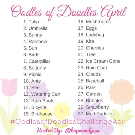 April Doodle Challenge for your bullet journal, planner, or sketchbook. Join in on Instagram. Doodle Challenge, 30 Day Art Challenge, 30 Day Drawing Challenge, April Challenge, Journal Challenge, Art Journal Prompts, Drawing Ideas List, Lettering Challenge, Drawing Prompt