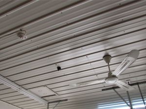 Garage Ceiling Ideas for a Bright, Finished Space - Trusscore Exposed Garage Ceiling, Garage Shelf Ceiling, Garage Ceiling Design, Garage With Black Ceiling, Carport Ceiling Ideas, Garage Ceiling Ideas Cheap, Garage Ceiling, Insulate Garage Ceiling, Garage Ceiling Ideas