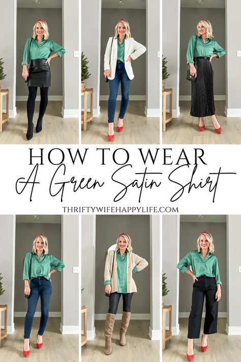 Dark Green Satin Shirt Outfit, Styling A Satin Shirt, How To Wear Satin Shirt, Green Dress Shirt Outfit, Satin Button Down Shirt Outfit Casual, Button Down Satin Shirt Outfit, Green Satin Button Up Outfit, Satin Blouse Casual Outfit, How To Style A Dark Green Shirt