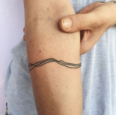 River Line Tattoo, Line Work Arm Sleeve, Water Lines Tattoo, Ruler Tattoo Arm, Ring Around Arm Tattoo, Bicep Cuff Tattoo, Water Band Tattoo, Linear Tattoo Minimalist, Simple Arm Band Tattoo