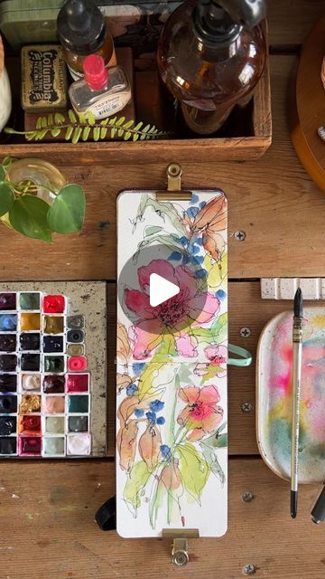 Rae Missigman - Watercolor Botanicals ArtMarks on Instagram: "This time ink over dry paint. Much less movement but also much cleaner lines. Every experiment is noteworthy so I’ll just be over here taking notes 🤣📝 Do you like this version better or are you team grungy ink from the painting I did a few days ago? 😅 #paintingprocessvideo #watercolorsketching #watercolorexperiments #justkeeppracticing #watercolorsketchbook #raemissigman #watercolorandinkflowers #artstudio_post #morningsinthestudio #artstudioexperiments #paintingprocesses" Line Watercolor Art, Watercolor And Ink Tutorial, Studio Aesthetics, Rae Missigman, Botanical Sketches, Watercolor Botanicals, Sketching Inspiration, Loose Florals, Nature Journals