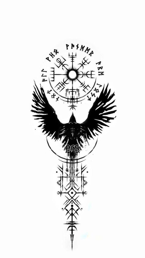 Dark Nordic Tattoo, Nordic Crow Tattoo, Odin's Crows Tattoo, Odin Crows Tattoo, Blind Runes, North Mythology Tattoo, Viking Tattoos For Men Norse Mythology, Nordic Tattoo Men, Norse Sleeve Tattoo