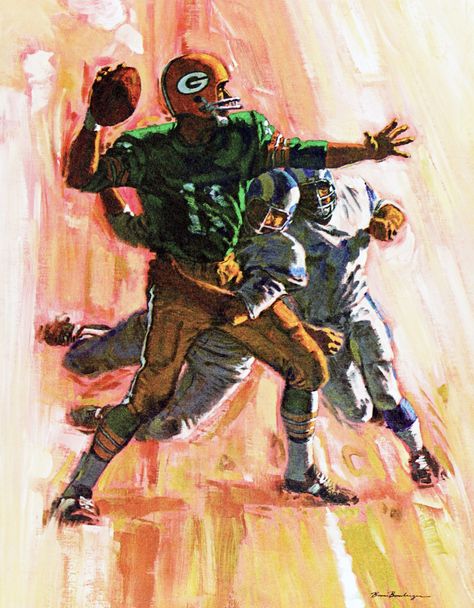 1965-66 Green Bay Packers Mobil Oil poster. Painting by Bruce Bomberger. Greenbay Packers Art, Packers Vs Bears, Mobil Oil, Green Bay Packers Wallpaper, Bart Starr, Football Artwork, Green Bay Packers Players, Go Packers, Green Bay Packers Vintage