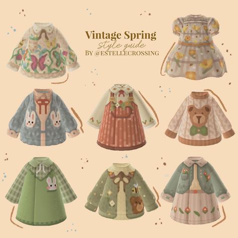 noelle from estelle on Instagram: “🌿vintage spring style guide🌿 *none of these designs are mine, all rights to the creators* If you want a chance to be featured in a future…” Animal Crossing Spring Outfits, Acnh Spring Outfits, Animal Crossing Clothing Codes Cottagecore, Acnh Springcore Codes Clothes, Animal Crossing Design Codes Clothes Cottage Core, Acnh Spring Clothes Design, Acnh Vintage Clothes Codes, Acnh Vintage Island, Animal Crossing Clothes Spring