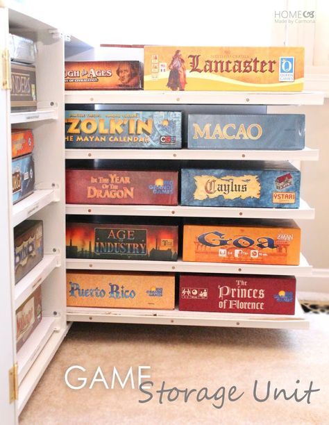 DIY Board Game Storage Unit - Home Made By Carmona// has pull out shelves Board Game Room, Board Games Diy, Board Game Storage, Board Game Organization, Open Bookshelves, Board Game Table, Game Organization, Game Room Family, Game Storage