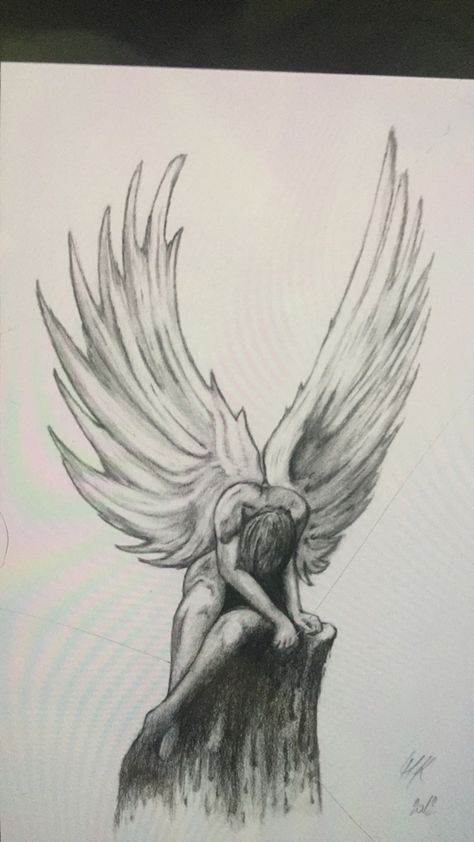 Dark Artworks Drawing, Dreamy Art Sketch, Falling Angel Sketch, The Fallen Angel Sketch, Broken Wings Sketch, Christian Pencil Drawings, Weeping Angel Drawing, Fallen Angel Aesthetic Male, Angel Drawing Sketches Easy