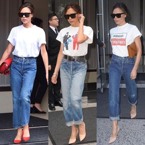 V i c t o r i a Boyfriend Jeans Outfit, Victoria Beckham Outfits, Looks Jeans, Jeans Outfit Winter, Victoria Beckham Style, Look Jean, Winter Jeans, Trendy Swimwear, Outfit Trends