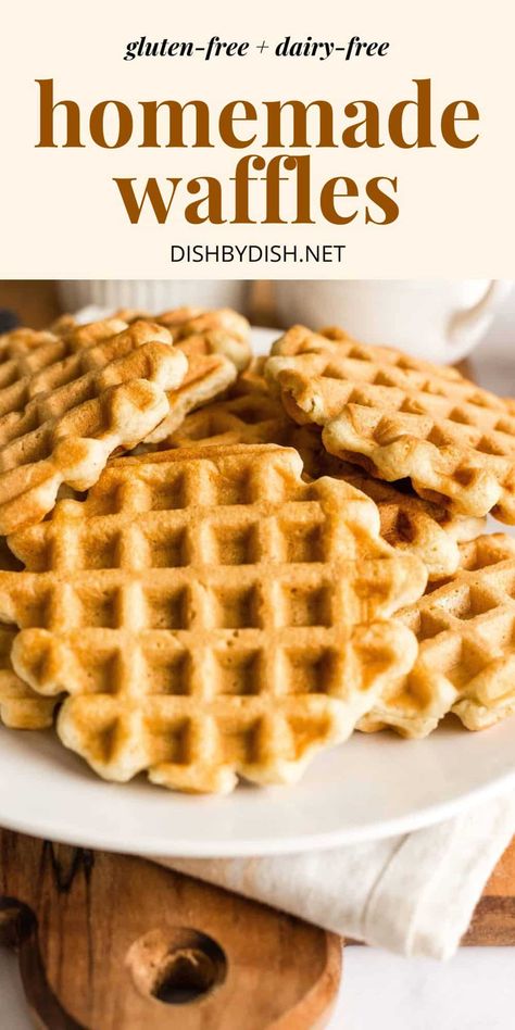 These easy gluten-free waffles are crispy and golden outside, and light and airy on the inside. Perfect for breakfast, brunch or dessert! Dairy-free too. Gf Waffles Recipe, Gf Waffle Recipe, Dairy And Gluten Free Breakfast, Dairy Free Brunch Recipes, Gluten Free Waffles Easy, Breakfast Ideas Gluten Free, Dairy Free Waffles, Fluffy Gluten Free Pancakes, Waffles Easy