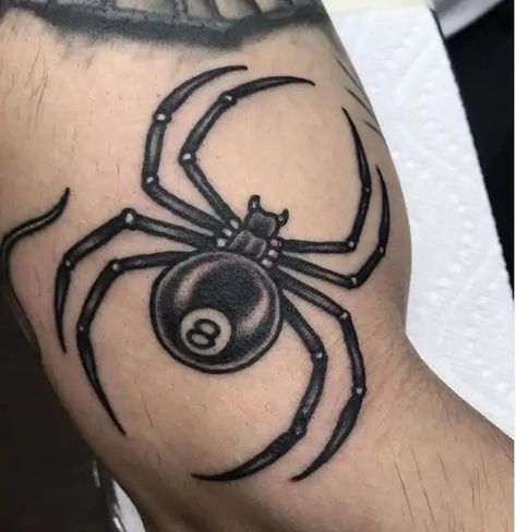 8ball Spider Tattoo, Spider 8 Tattoo, 8 Ball Spider Tattoo, Tattoo 8 Ball, American Traditional 8 Ball Tattoo, 8 Ball Tattoo Ideas, Pool Ball Tattoo, Traditional 8 Ball Tattoo, 8 Ball Cherry Tattoo