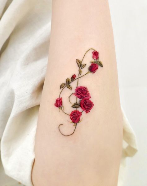 Floral Treble Clef Tattoo, Rose Drawing Tattoo, Rose Hand Tattoo, Rose Tattoos For Men, Rose Tattoos For Women, Small Rose Tattoo, Red Rose Tattoo, Music Tattoo Designs, Tasteful Tattoos