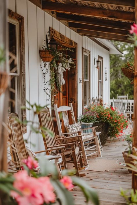 Looking for ways to elevate your outdoor gatherings? Check out these charming farmhouse porch ideas that are perfect for cozy get-togethers with family and friends. From inviting swing chairs to quaint planters filled with vibrant flowers, this collection of ideas will help you create a welcoming space that reflects a peaceful yet stylish ambiance. Whether you prefer rustic wooden benches or comfortable seating with throw pillows, we've got tips and inspiration for every style. Transform your porch into a memorable retreat that everyone will love! Southern Front Porch Ideas, Farmhouse Rocking Chairs, Cottage Front Porch, Farmhouse Porch Ideas, Cute Porch, Southern Front Porch, Elegant Farmhouse Decor, Farmhouse Porches, Live To The Fullest