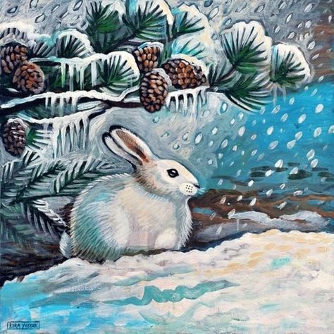 Hare Painting, Christmas Landscape, Rabbit Painting, Snow Bunny, Animal Portraits Art, Picture Books Illustration, Art Lessons For Kids, Snow Bunnies, Rabbit Art