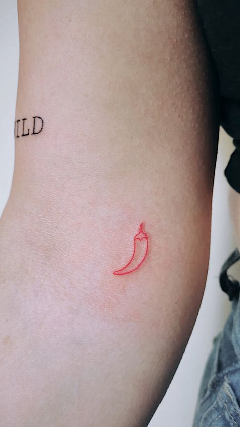 Cute Small Minimalist Tattoos, Green Chili Tattoo, Minimalistic Small Tattoo, Red Chilli Tattoo Fine Line, Chili Pepper Tattoo Tiny Outline, Mini Chilli Tattoo, Red Chili Tattoo Minimal, Red Ink Tiny Tattoo, Chilis Tattoo