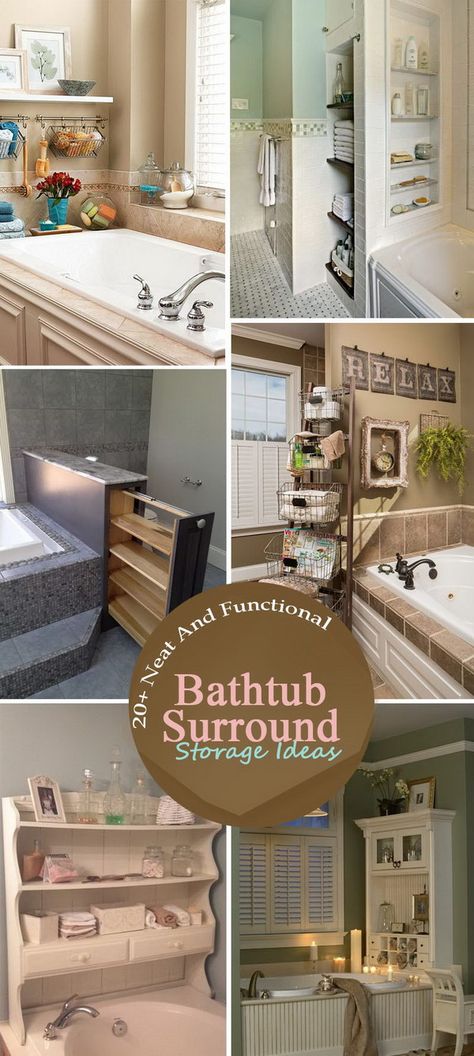 Neat And Functional Bathtub Surround Storage Ideas. Bathroom Tub Storage Ideas, Boxed In Bathtub, Garden Tub Storage Ideas, Garden Tub Organization Ideas, Shelving Around Bathtub, Built In Bathtub Shelves, Bathtub Shampoo Storage Ideas, Bathtub Storage Ideas Shower Tub, Shelving Over Bathtub