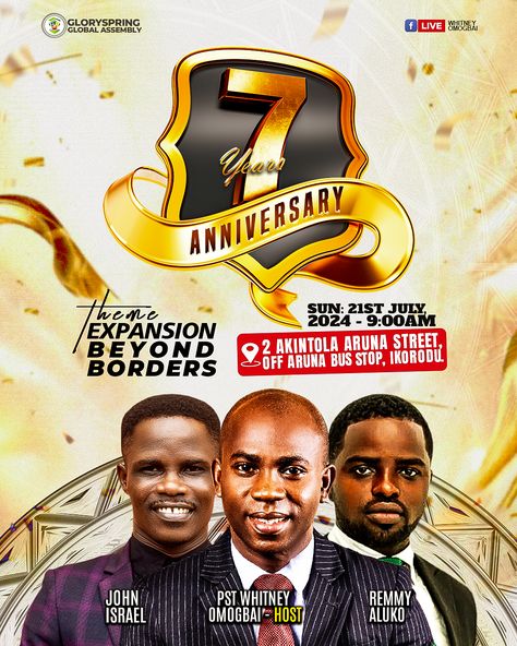 Church Anniversary Flyer design  Flyer design for GSGA LAGOS, to mark 7th anniversary.   #graphics #coreldraw #photoshop #churchposter #churchflyer #art #illustration #church #invitation #naijagraphicsdesign #uchekeyzconcept #instablognaija #blog #story #tiktok #designchallenge #lagoscity #lokoja #kano Anniversary Flyer Design, Church Anniversary Flyer Design, Church Invitation, Church Anniversary, Church Poster, Flyer And Poster Design, 7th Anniversary, Design Challenges, Art Illustration