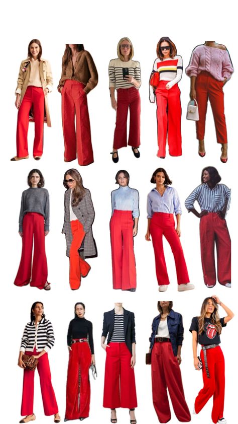 Outfit Pantalon Rojo, Wardrobe Color Guide, Red Pants Outfit, Red Wide Leg Pants, Wide Leg Pants Outfit, Color Combinations For Clothes, Over 60 Fashion, Everyday Fashion Outfits, Capsule Outfits