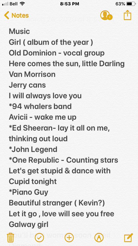 Avicii Wake Me Up, Galway Girl, Girls Album, Thinking Out Loud, Counting Stars, Old Dominion, Piano Man, Jerry Can, Album Of The Year