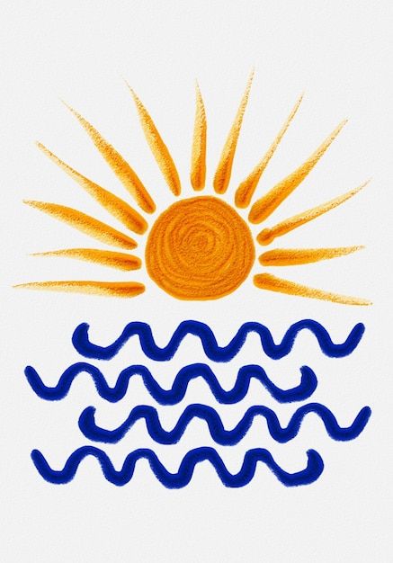 Sun And Sea Drawing, Sun Art Drawing, Prop Artwork, Drawing Sun, Sun Artwork, Sunset Illustration, Sea Drawing, Summertime Crafts, Sun Drawing