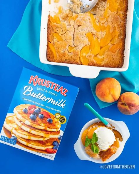 Peach Cobbler With Canned Peaches • Love From The Oven Peach Cobbler With Pancake Batter, Peach Cobbler Pancake Batter, Pancake Mix Peach Cobbler, Peach Cobbler With Pancake Mix Recipe, Cobbler With Canned Peaches, Peach Cobbler With Canned Peaches, Can Peaches Recipes, Can Peach Cobbler, Peach Pancakes