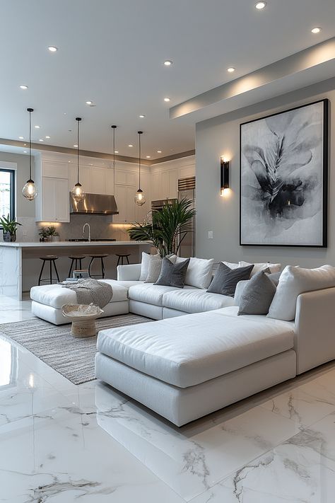 ✨ Transform your home into a serene retreat with these stunning white and grey apartment looks! Perfect for adding elegance and charm 🏡💖 #ApartmentAesthetic #WhiteAndGreyApartmentDecor White Marble Floor Living Room Decor, White And Grey Marble Floor Living Room, White Grey Home Decor, Sleek Apartment Aesthetic, White Condo Interior, Grey Sectional Couch Living Room Ideas, Modern Living Room Grey Floor, White Sofas Living Room Ideas, Grey And White Living Room Ideas