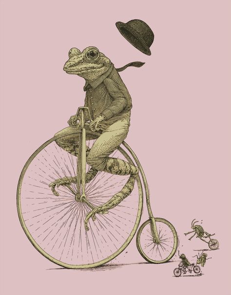 I Drew Some Dapper Animals In Vintage Clothing Bicycle Art Print, Penny Farthing Bicycle, Clothes Illustration, Frog Shirt, Bike Drawing, Bike Print, Penny Farthing, Frog Gifts, Frog Art