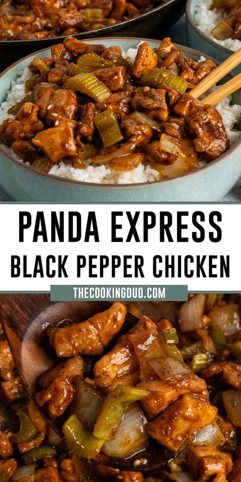 Close-up of Panda Express black pepper chicken on a wooden spoon and over a bowl of rice. Panda Express Black Pepper Chicken Copycat Recipes, Black And Pepper Chicken, Slow Cooker Black Pepper Chicken, Panda Express Pepper Chicken Recipe, Panda Express At Home, Crockpot Black Pepper Chicken, Black Pepper Chicken Crockpot, Chinese Black Pepper Chicken, 30 Min Meals Easy Dinners