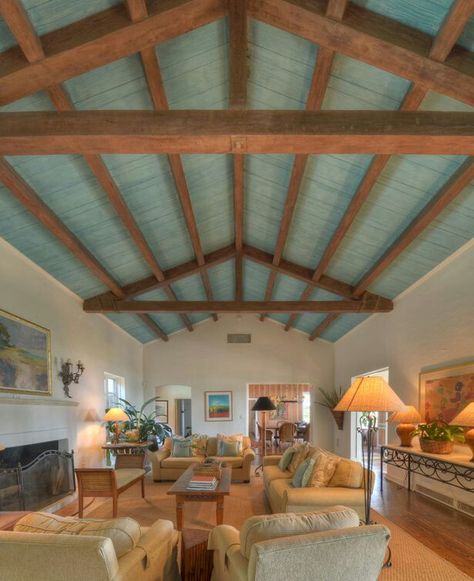 Colored Beams Ceiling, Painted Wooden Beams Ceiling, Blue Ceiling, Wooden Cabin Interior, Blue Ceiling Paint, Painted Wood Ceiling, Painted Ceiling Beams, Porch Beams, Exposed Wood Ceilings